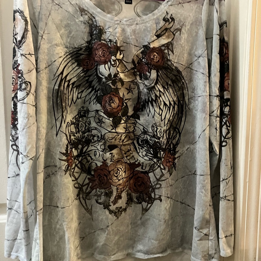 Graphic Long Sleeve Top with Rose and Wing Design